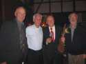 Anl�sslich Reiner Beneckes 60ster eindrucksvoller Geburtstagsfeier fanden sich am 29.08.2009 The original Spacemen von 1965 im Rostocker Lokschuppen ein und �berreichten die eiserne Gitarre.
V.l.n.r.: Appel H�pcke-bssg., Ralf Fr�hlich-drms., Reiner Benecke-rhythmg., Peter Meyer-leadg. Leider fehlt Heinz Rehse-voc. (war aber von CD zu h�ren!)

Foto: Susanne Meyer  (bearbeitet von Eike Fr�hlich: rote Augen weg)